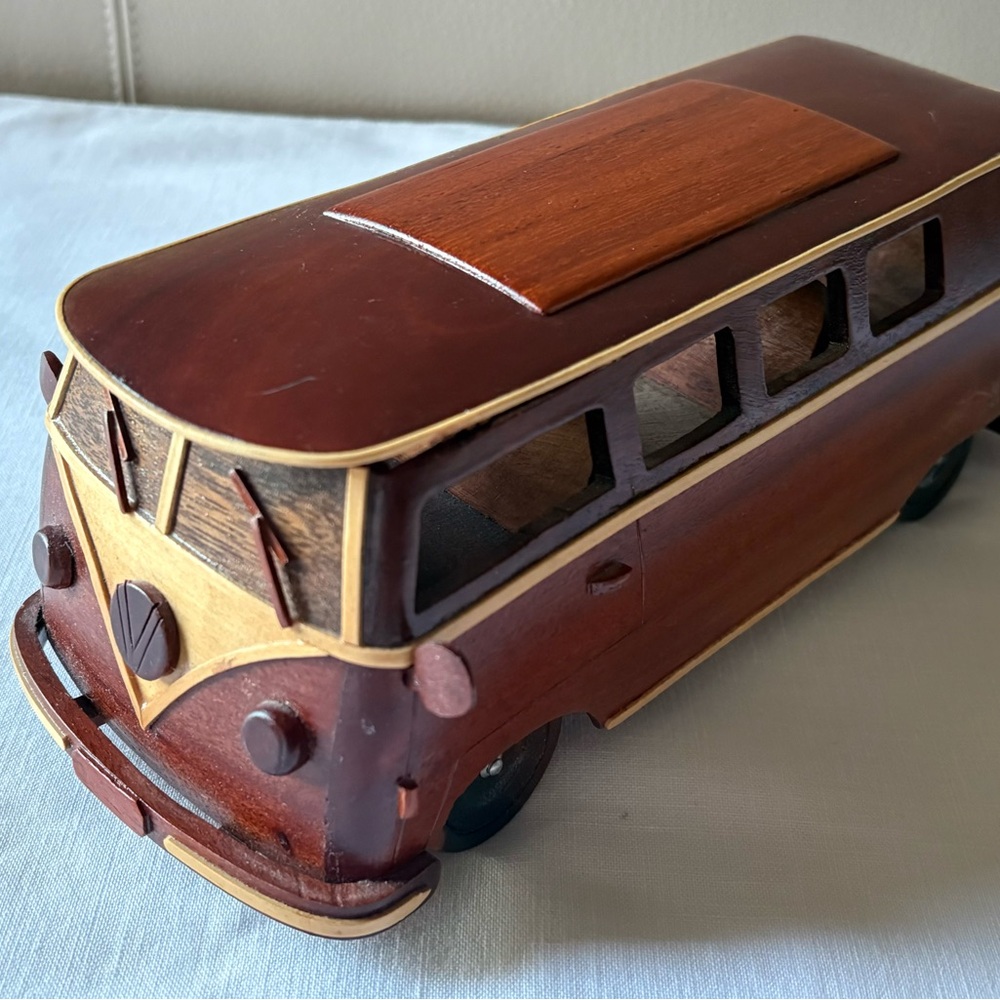 Handcrafted Wooden Brown Volkswagen Bus w Moveable Wheels